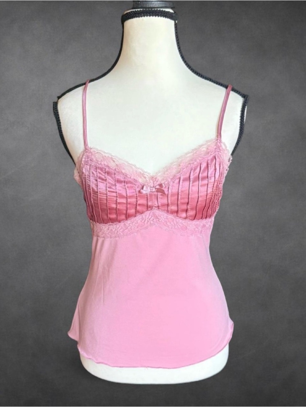 Pink Lace Trim Satin Pleated Camisole